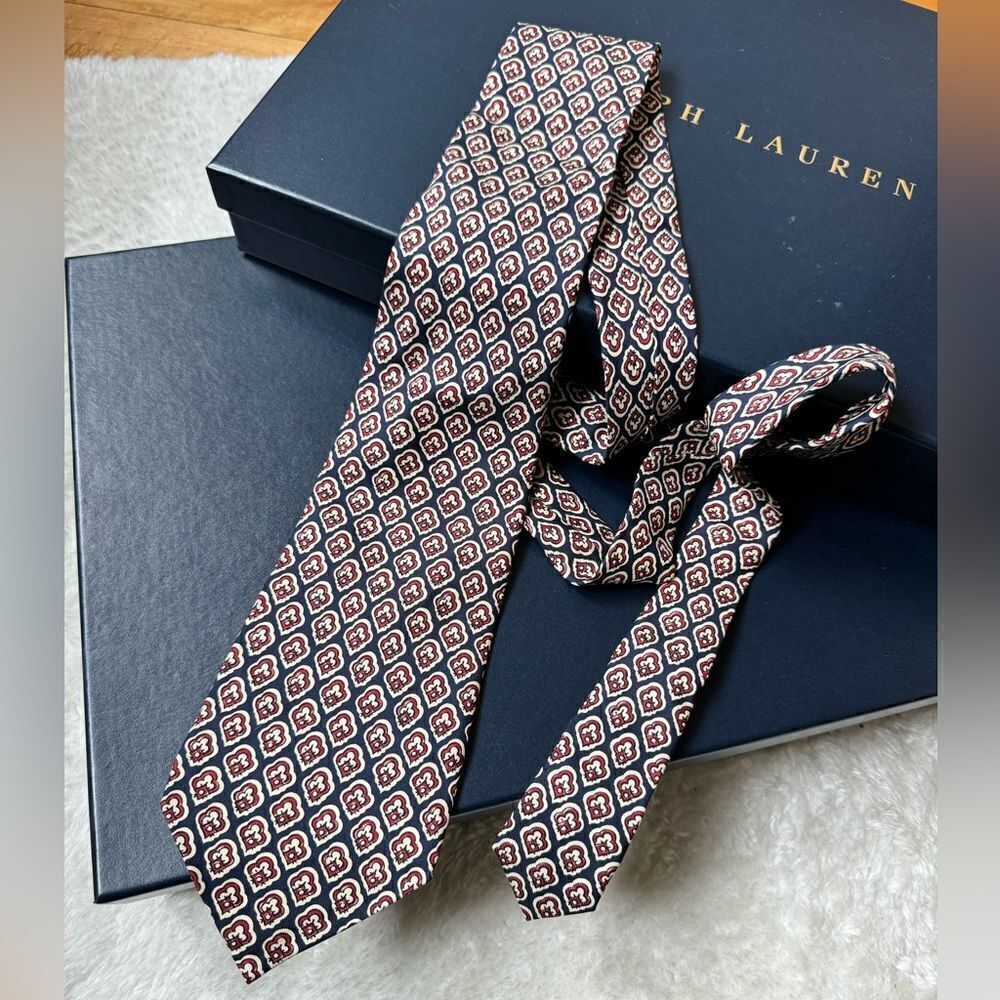 Polo Ralph Lauren‎ Vintage Tie 100% silk navy blue and red made by hand classic